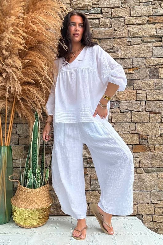 Annie Cushion Cotton Barrel Culotte Pant White